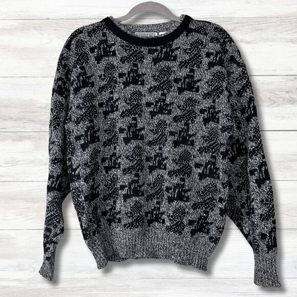 Vtg Sweater Mens Medium Grey Black Wool Knit Abstract Grandpa Cosby Biggie 90s - Picture 1 of 9
